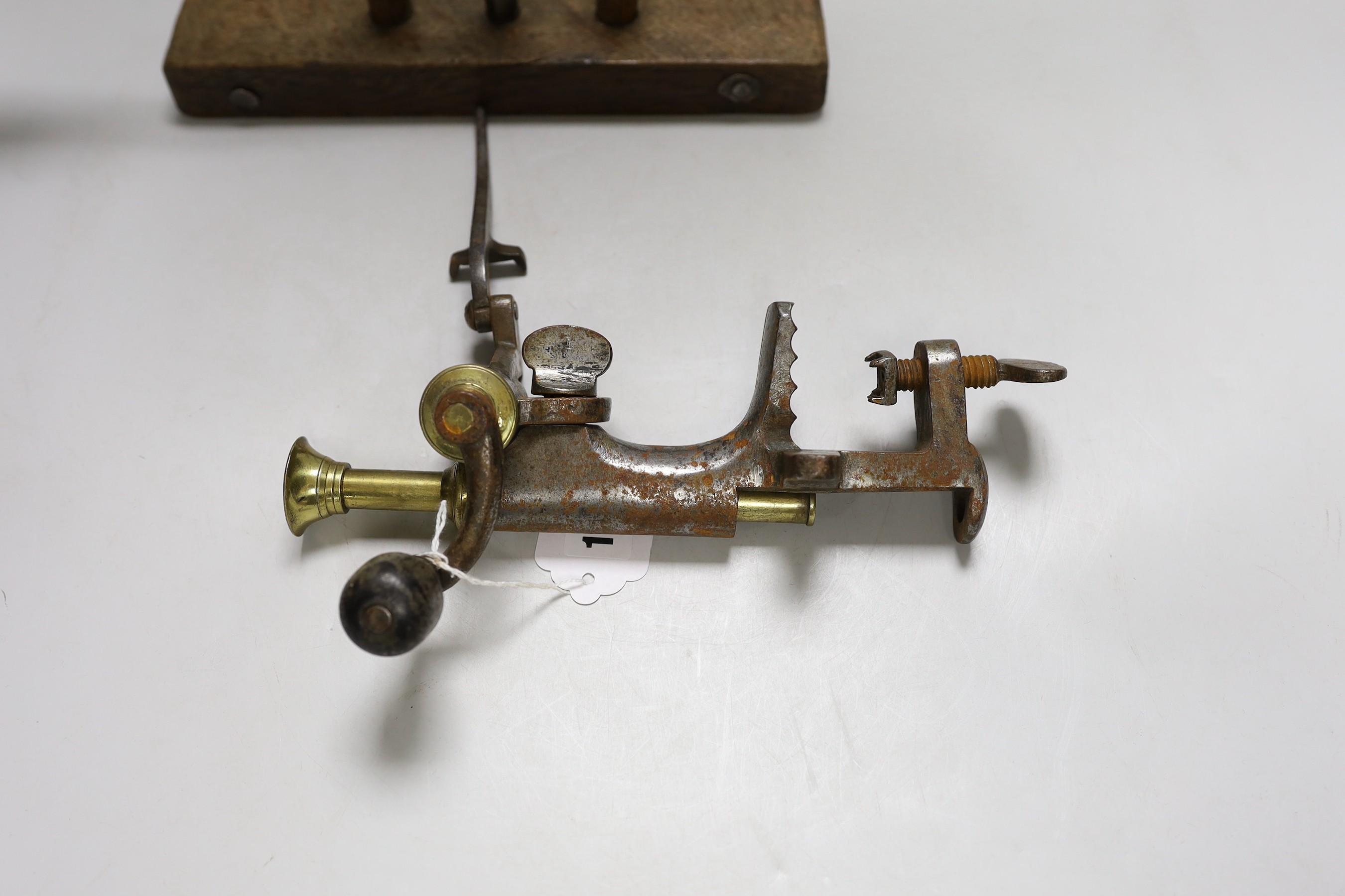 Shooting - a 19th century Bartrams patent type bench-mounting 12 bore shotgun cartridge loader together with a reloading press